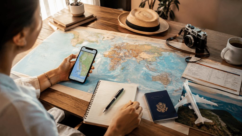 Traveler planning a trip with travel documents and itinerary
