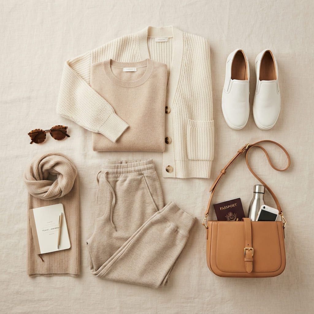 Comfortable airport outfit with knit top, joggers, cardigan and sneakers