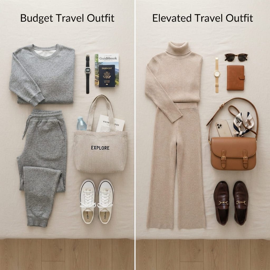 Budget vs elevated travel fashion outfit comparison flat-lay