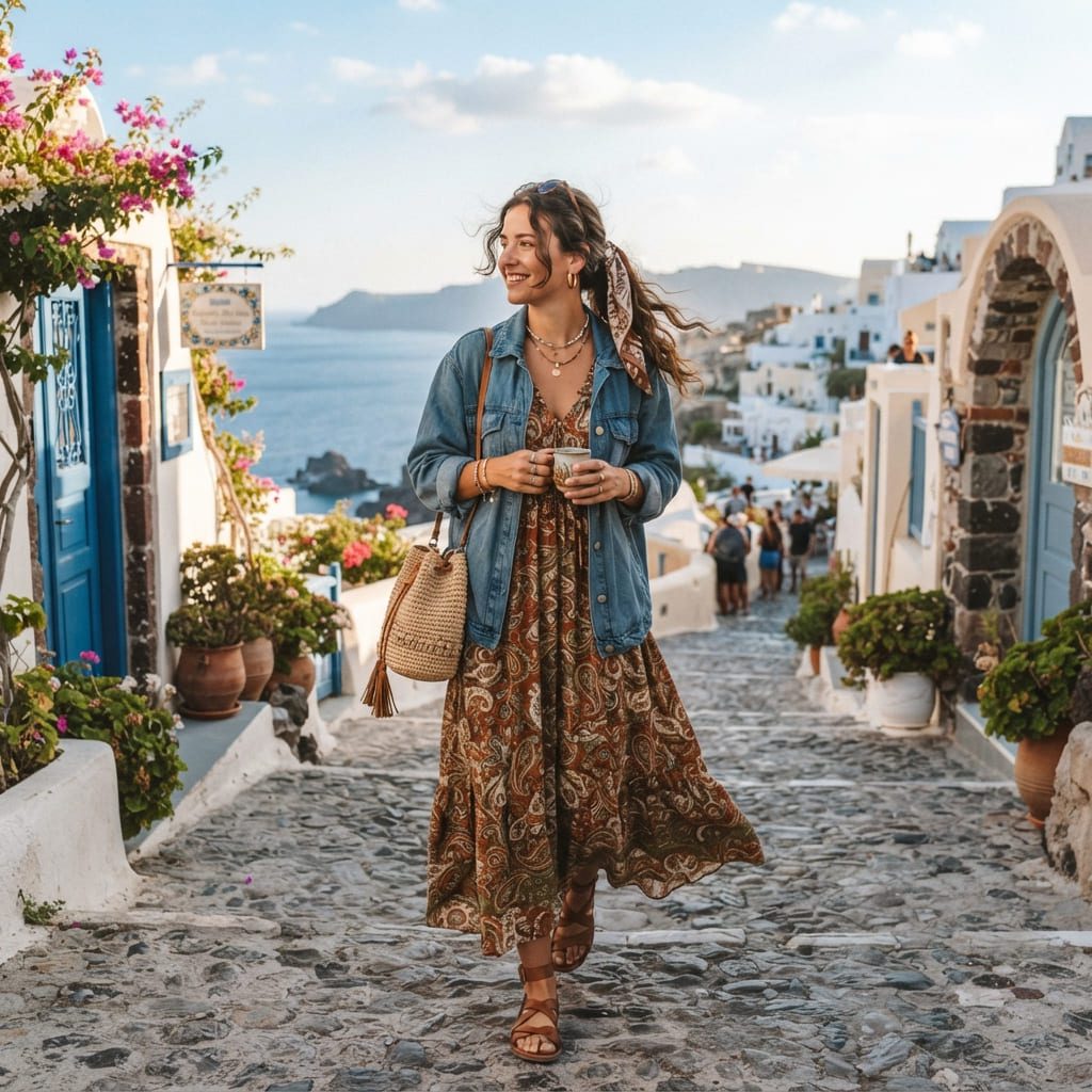 Woman wearing a boho travel outfit in a coastal destination