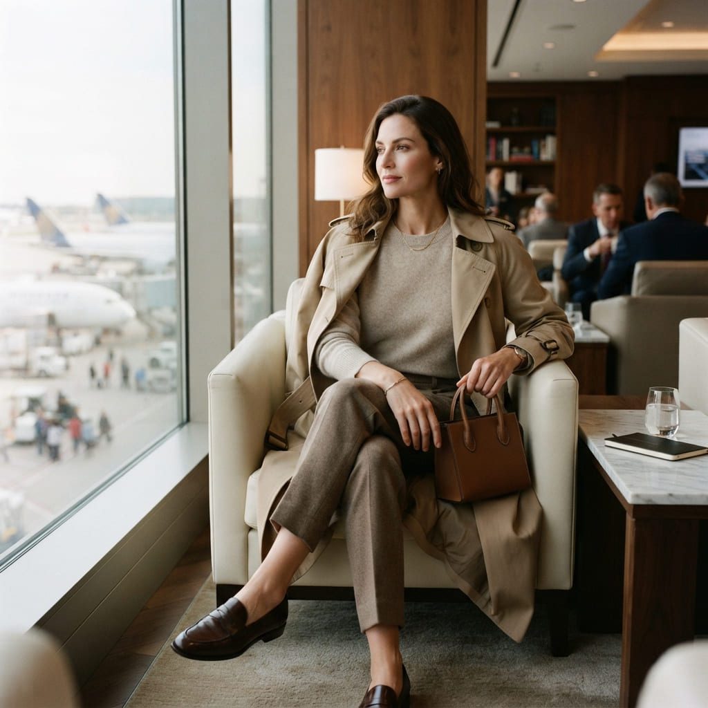 Elegant woman wearing a quiet luxury travel outfit in an airport lounge