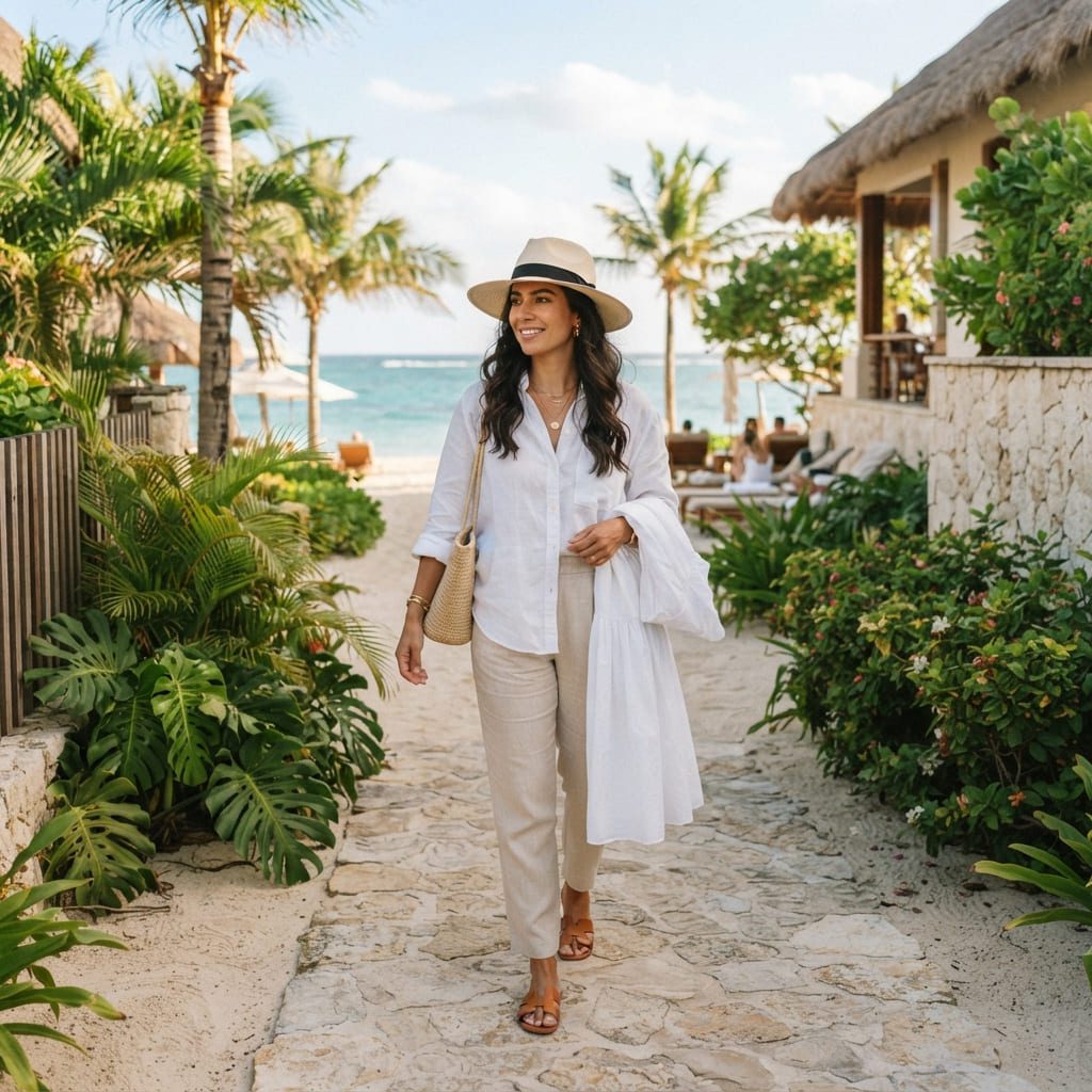 Woman wearing a linen coastal resort outfit beside a tropical beach