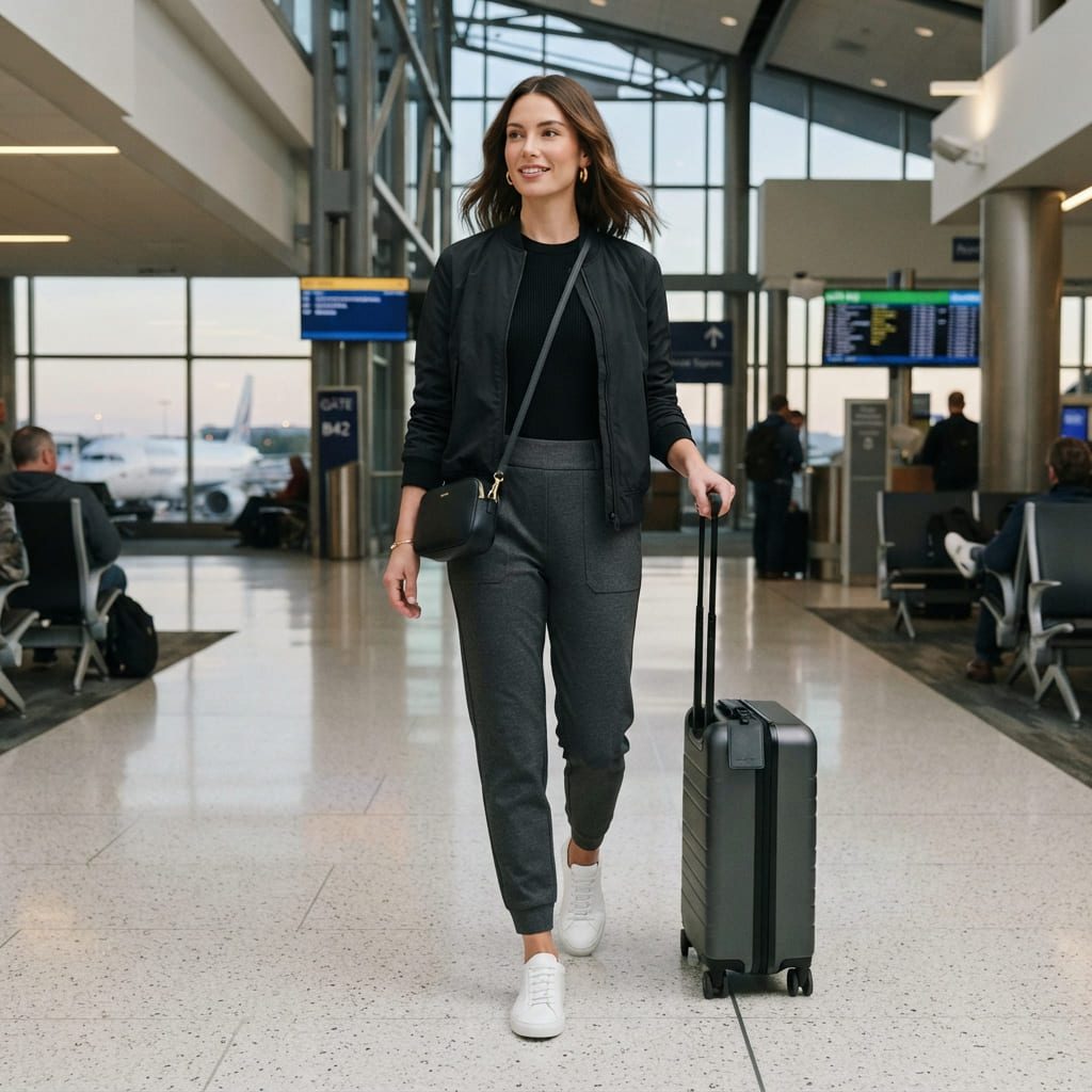 Woman wearing a stylish athleisure travel outfit at an airport