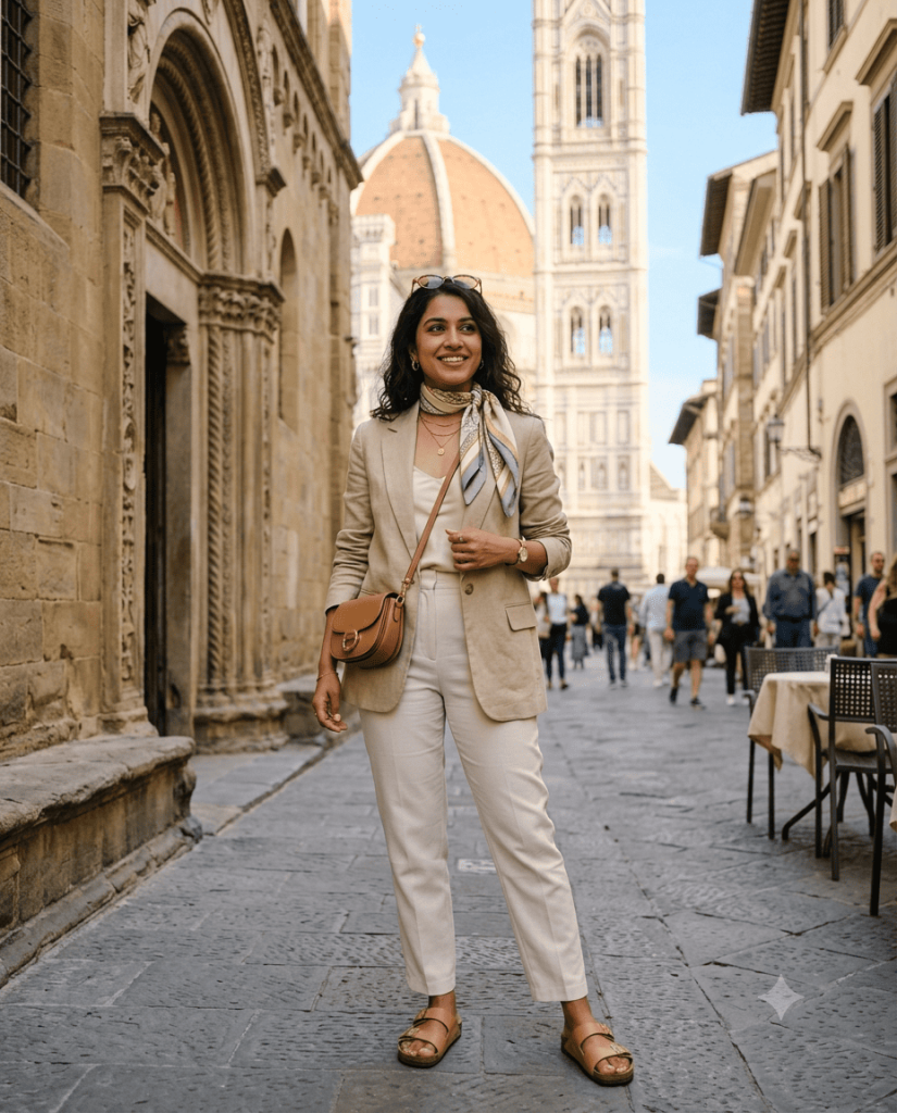 Stylish European travel outfit for vacation photos
