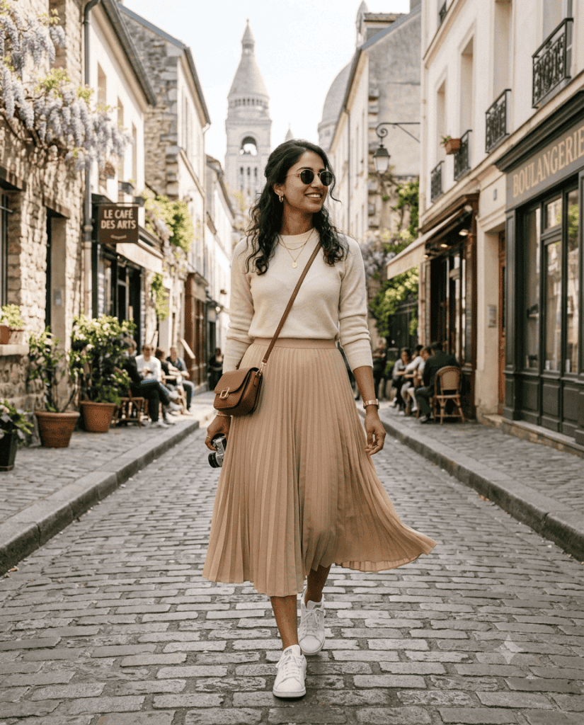 Pleated midi skirt and knit top European travel outfit