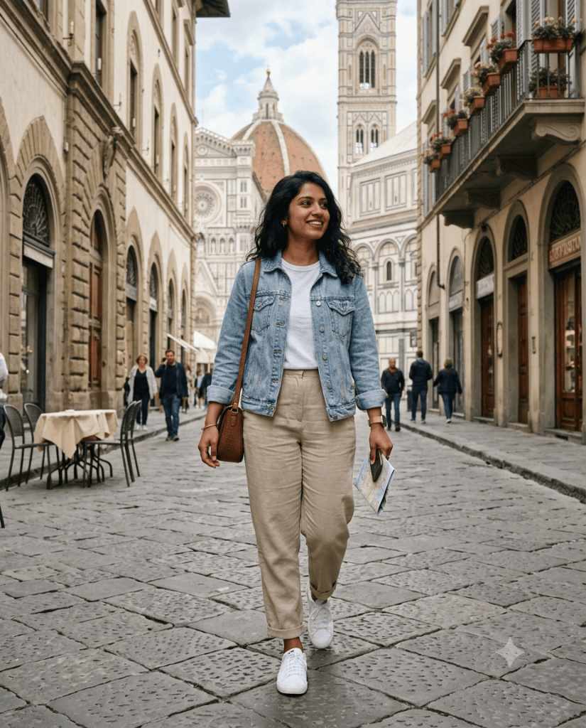 Layered travel outfit with a denim jacket for Europe