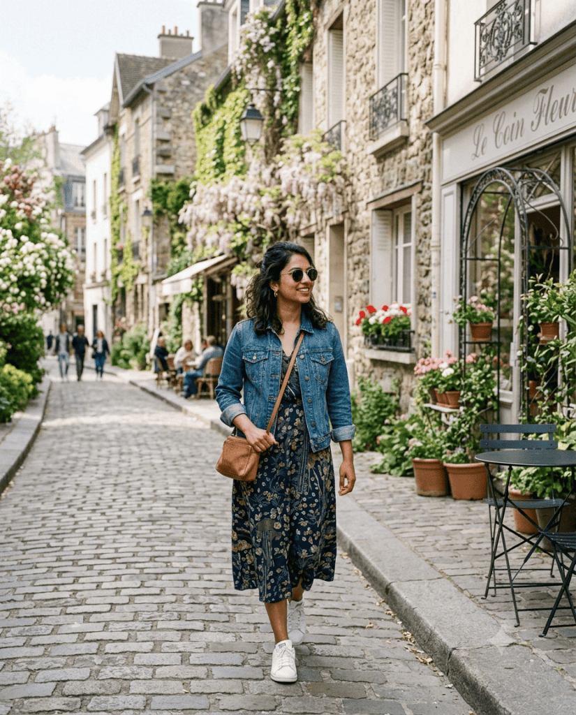 Midi dress with denim jacket for European travel