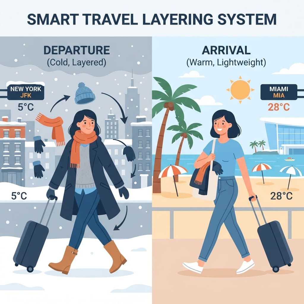 Travel outfit layering guide for dressing between cold and warm climates