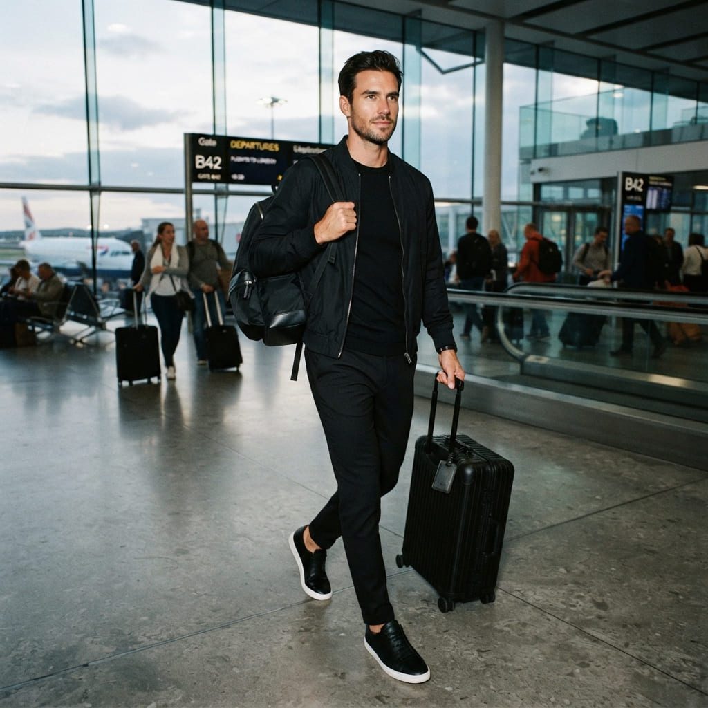 Men's smart-casual airport outfit in monochrome black with bomber jacket