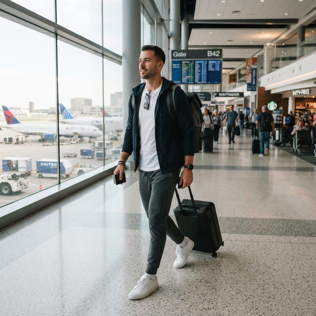 Men's casual airport outfit with joggers, hoodie and minimal sneakers