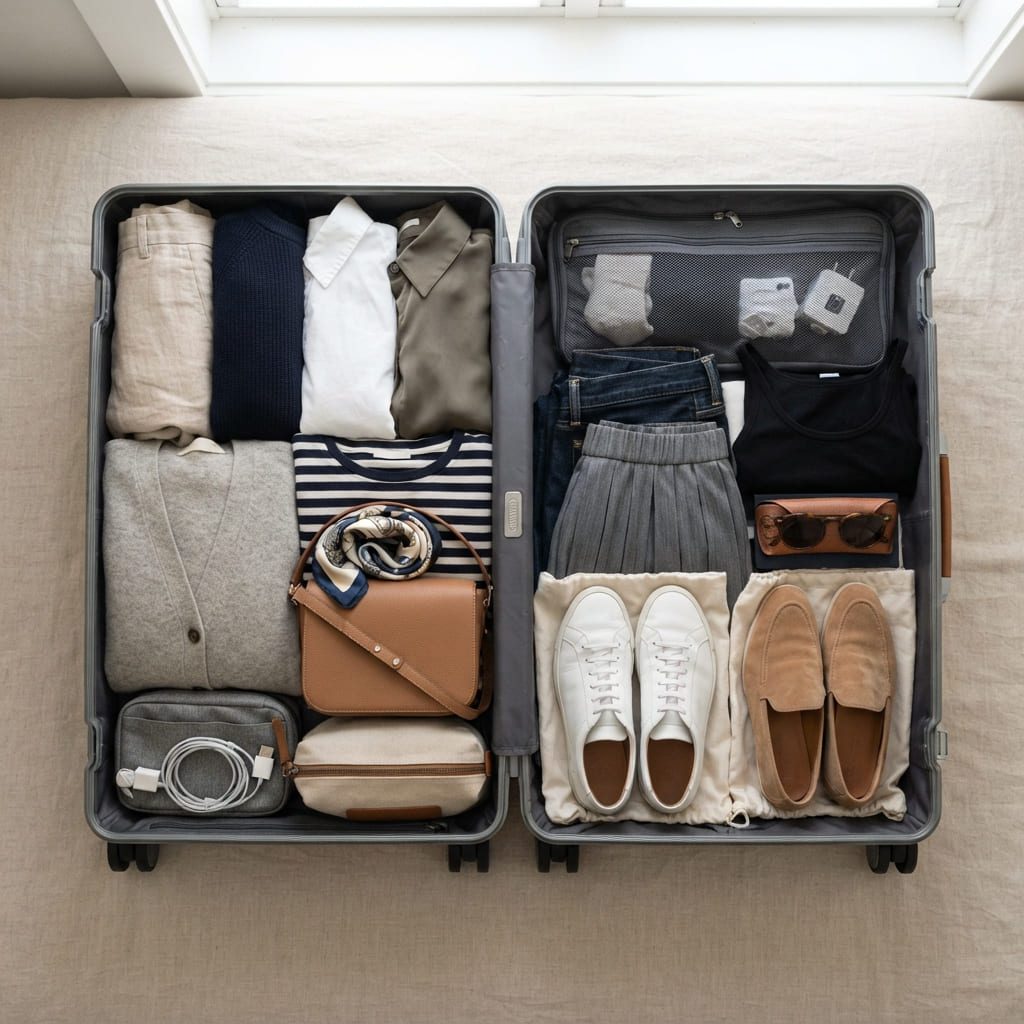 Organized travel suitcase with a capsule wardrobe and travel essentials