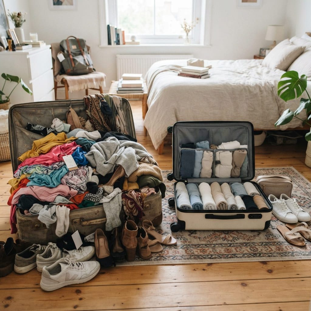 Overpacked suitcase showing common travel fashion packing mistakes