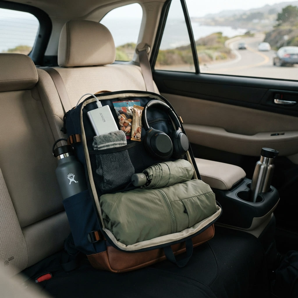 Road trip backpack with jacket, umbrella, socks and travel essentials