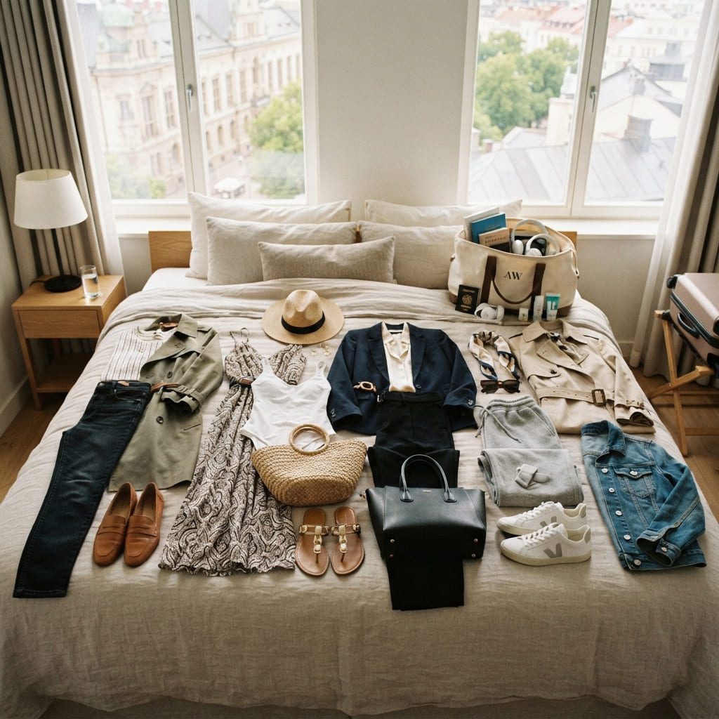 Travel wardrobe with outfits for different trip types and comfort needs