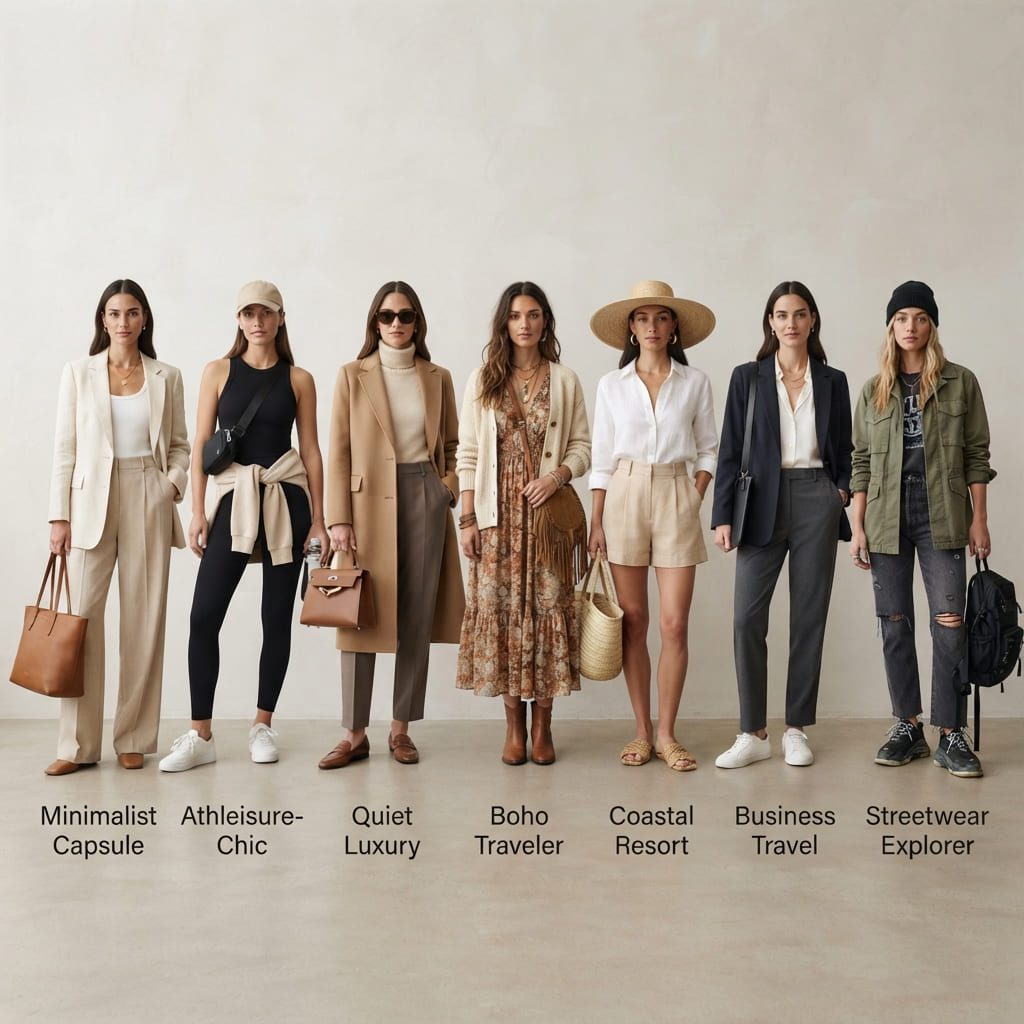 Comparison of different travel fashion styles and outfit ideas