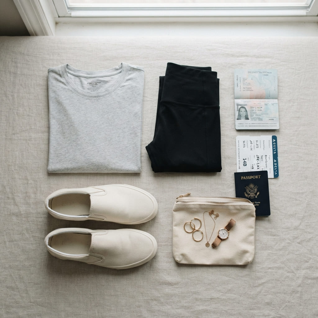 TSA-friendly travel clothing with minimal jewelry and slip-on shoes