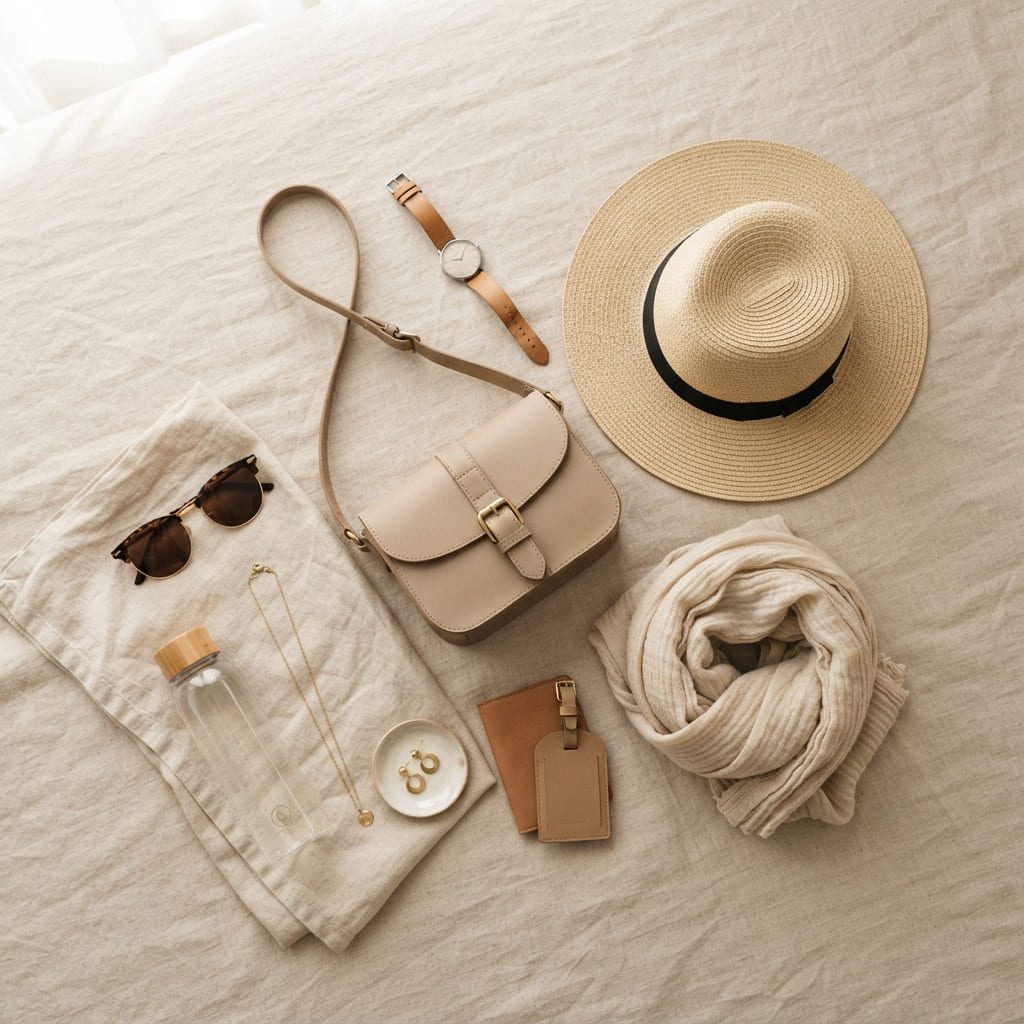 Simple travel aesthetic accessories including sunglasses, backpack, scarf, and hat