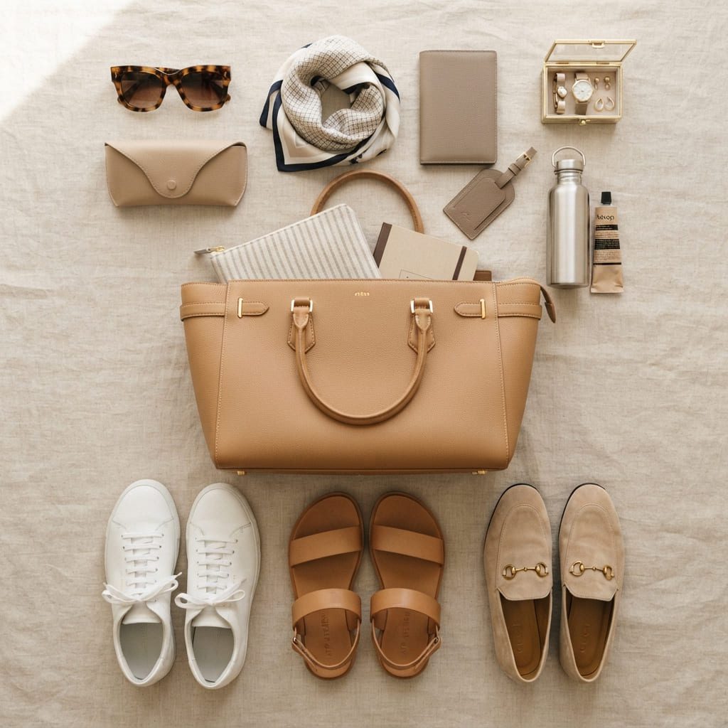 Travel footwear and accessories including sneakers sandals loafers and sunglasses