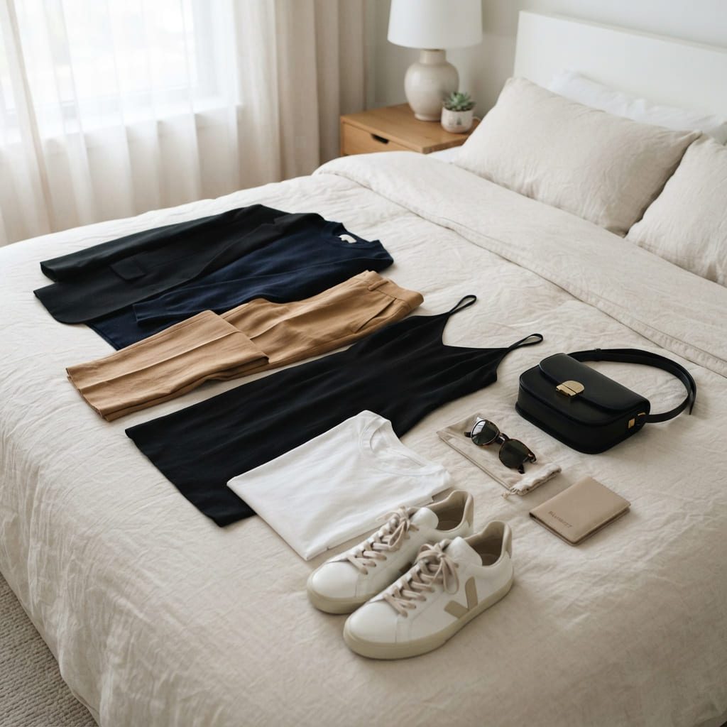 Minimalist travel capsule wardrobe with neutral clothing and sneakers