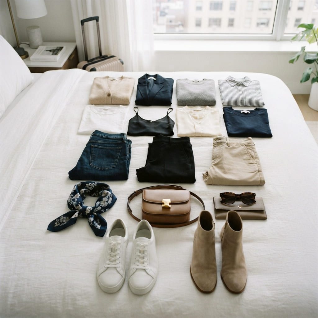 Organized travel fashion capsule wardrobe with versatile clothing and accessories