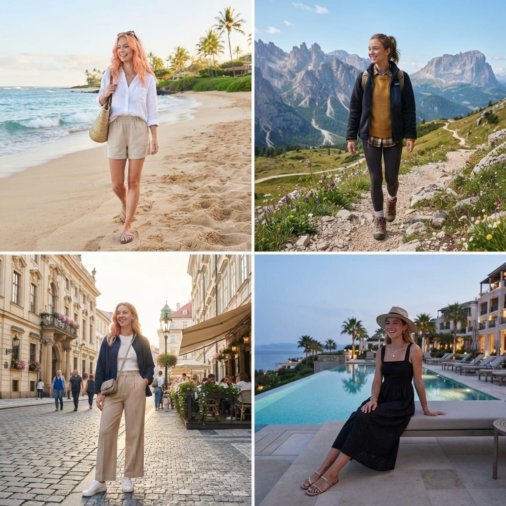 Travel aesthetic outfits matched with beach, mountain, and city destinations
