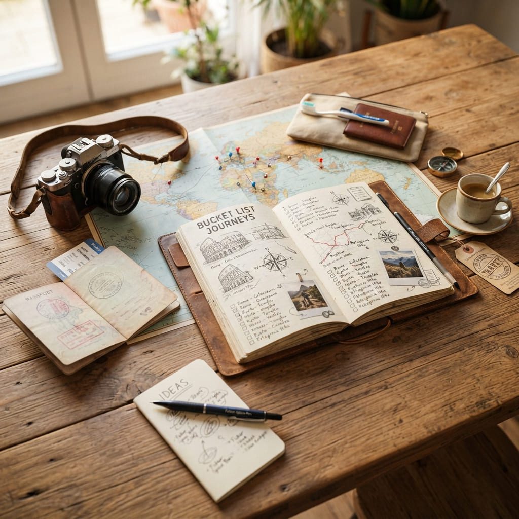 travel bucket list planning with world map and passport