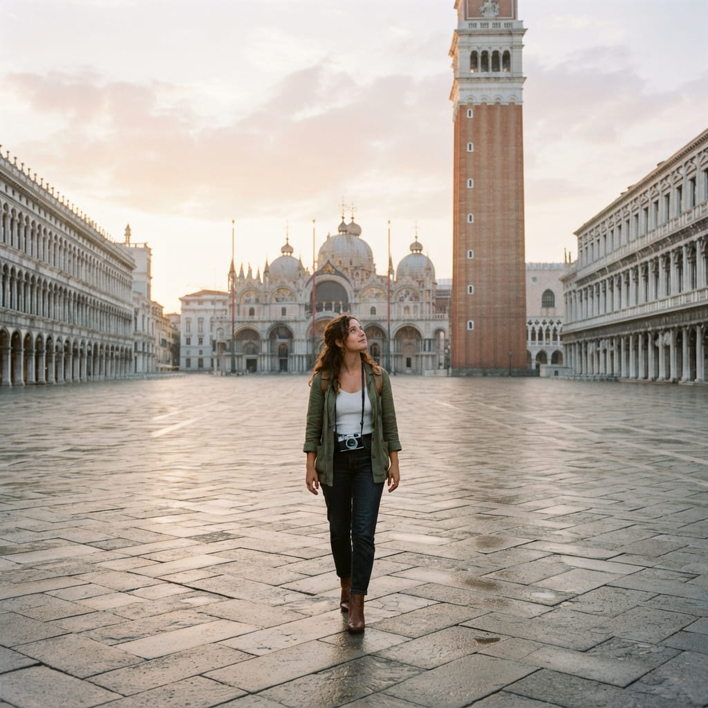 Traveler exploring a landmark early in the morning