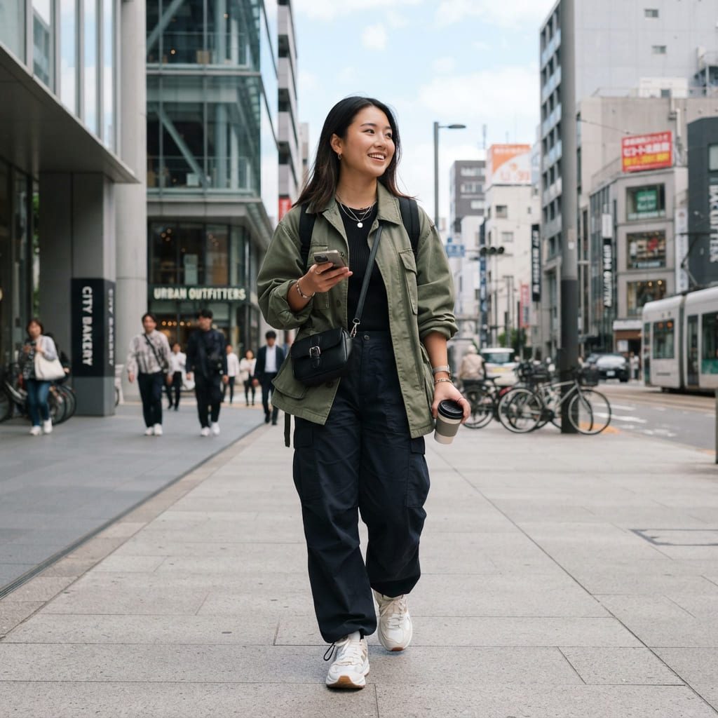 Woman wearing a casual streetwear travel outfit while exploring a city