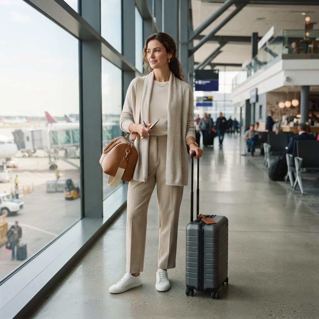 Woman traveler wearing a coordinated travel fashion style at an airport