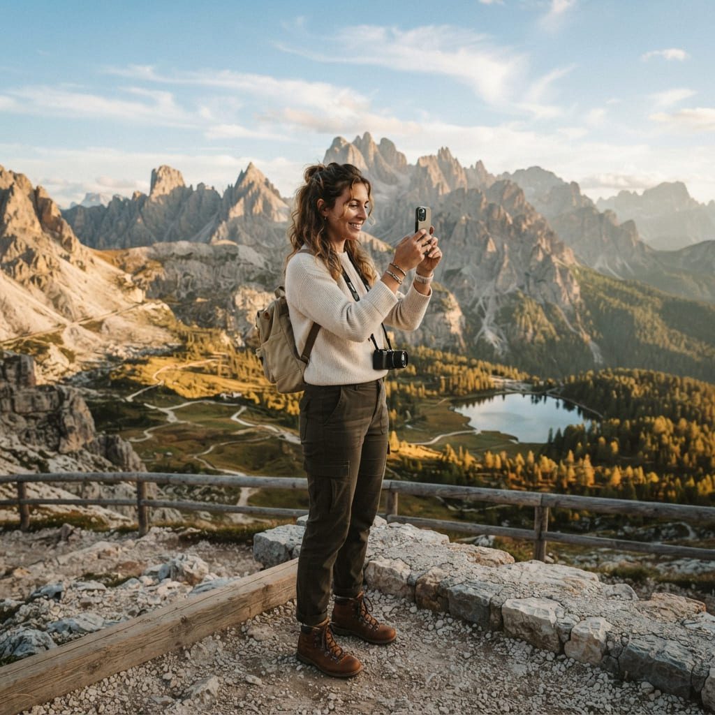 Traveler taking photos with a smartphone at a scenic destination
