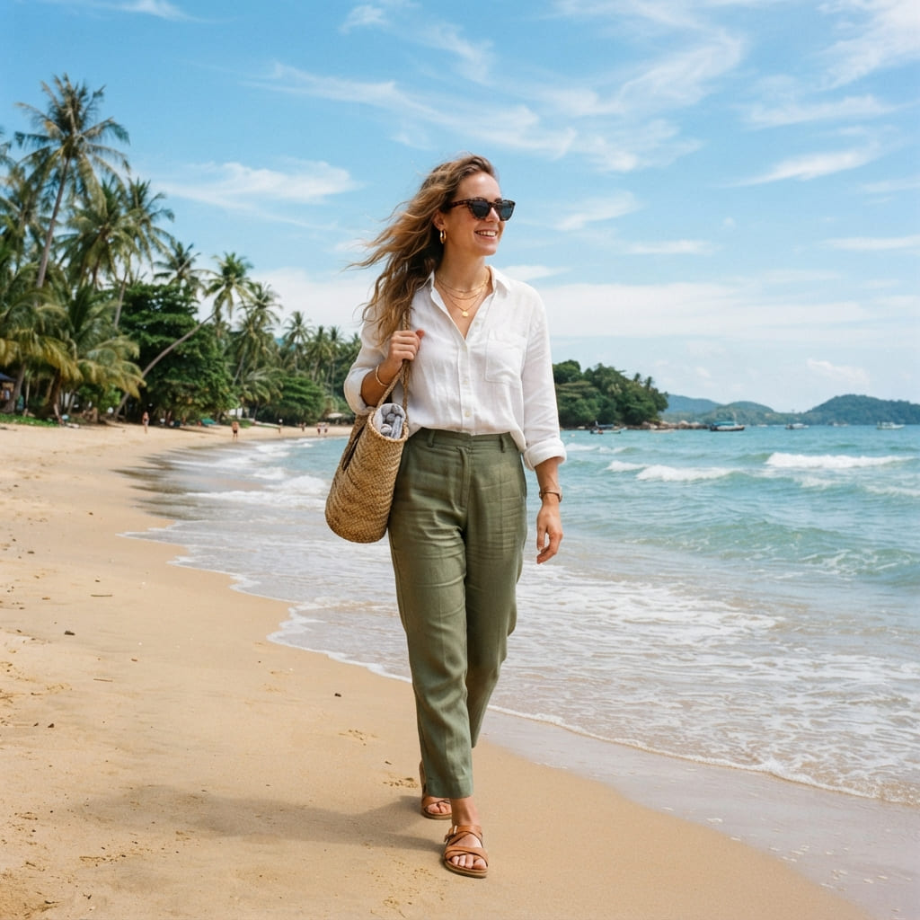 Lightweight tropical travel fashion outfit for a warm beach destination