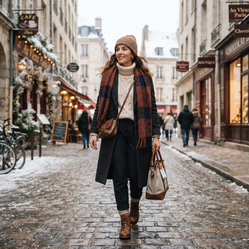 
Layered travel fashion outfit for a cold weather destination