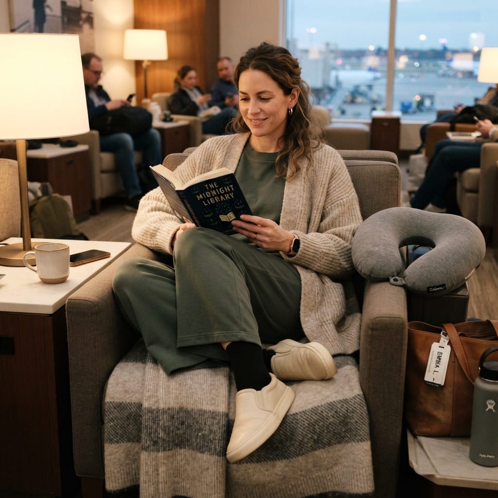 Comfortable long-haul flight outfit with jersey loungewear set and compression socks