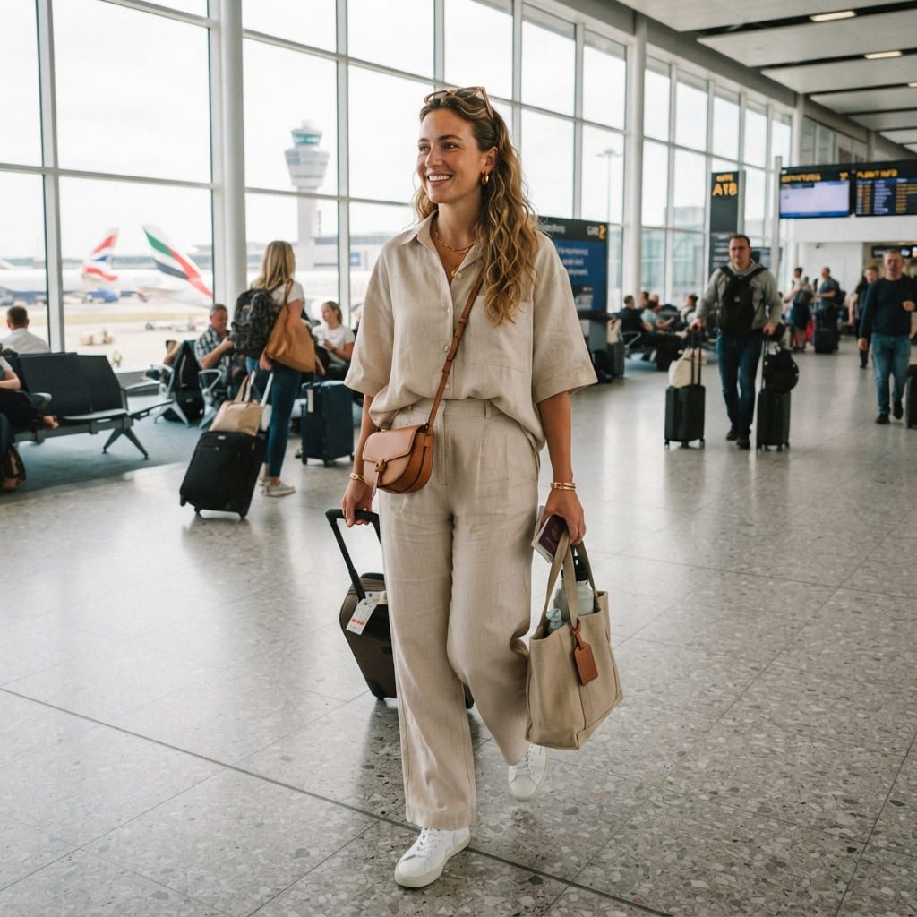 Women's summer airport outfit with linen co-ord set and white sneakers