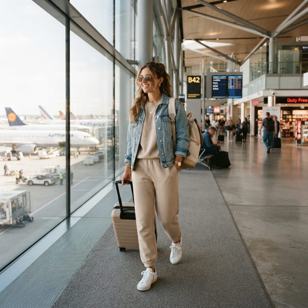 Airport travel aesthetic outfit with comfortable lounge set and white sneakers