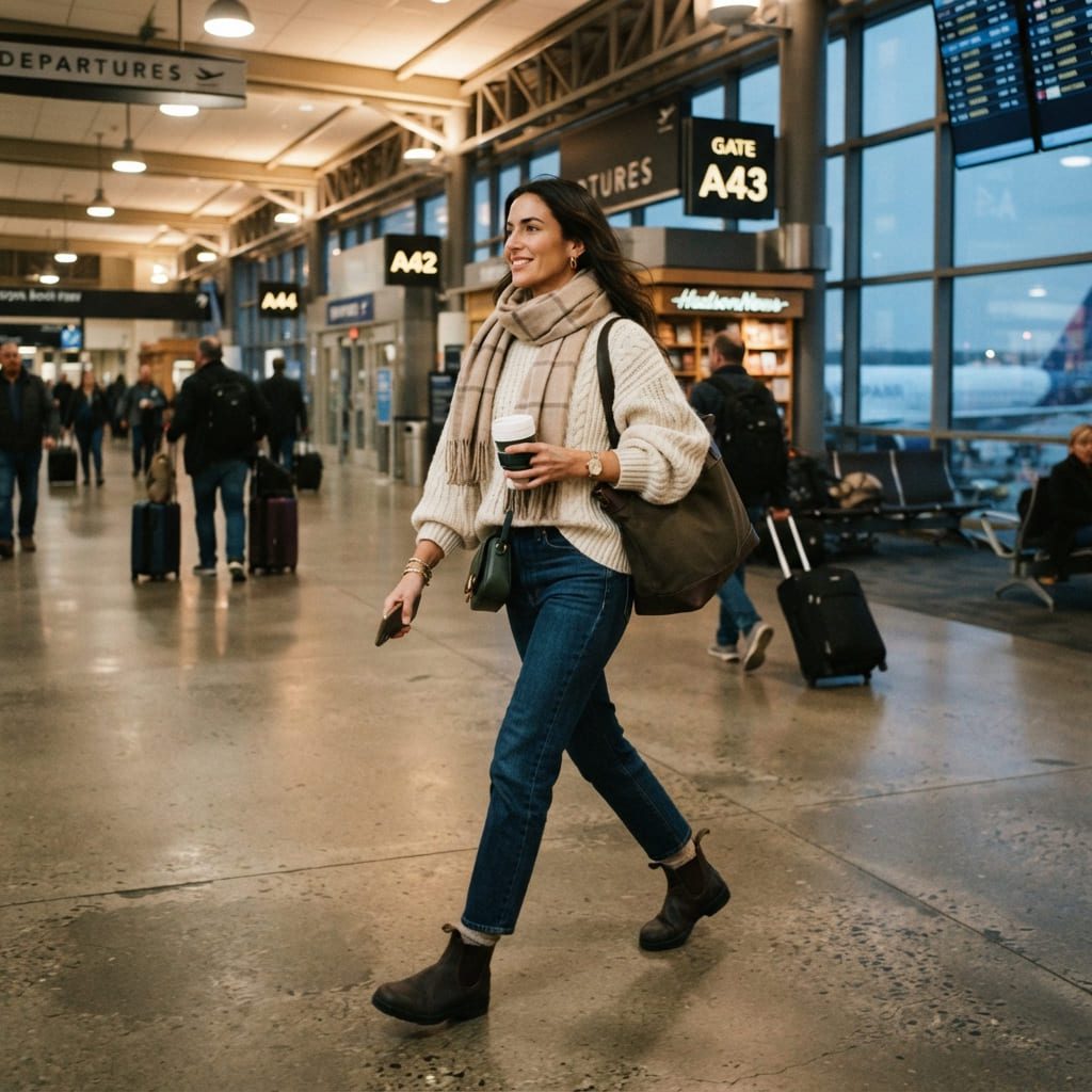 Women's winter airport outfit with oversized sweater, jeans and ankle boots