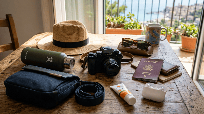 Travel outfit summer accessories with sunglasses hat backpack and water bottle

