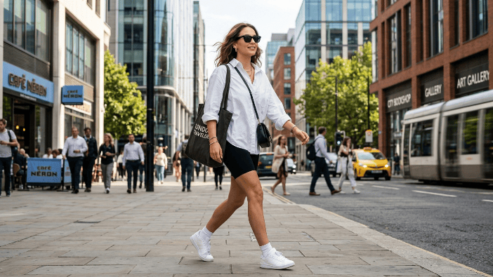 Trendy travel outfit summer with oversized shirt and biker shorts