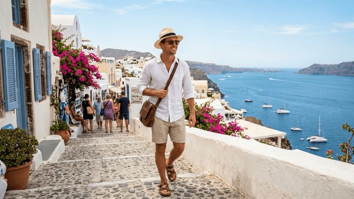 Travel outfit summer with linen shirt and shorts for hot weather travel