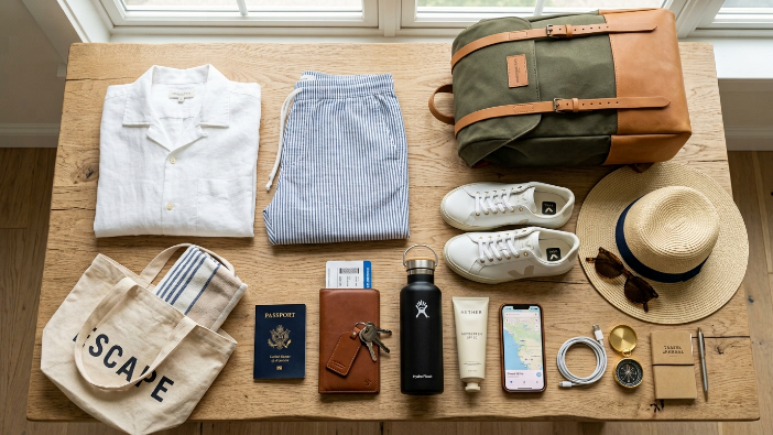 Travel outfit summer essentials including breathable clothes shoes and accessories
